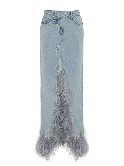 Blue Denim Maxi Skirt With Slit And Feathers, 1