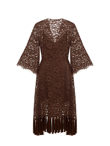 Brown Lace Wrap Midi Dress, 1