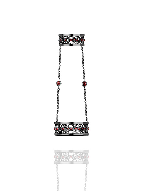 Double blackened gold ring with garnet, 1