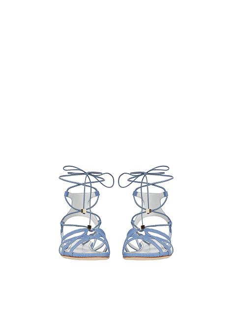 Light Blue Denim & Leather Flat Sandals, 2