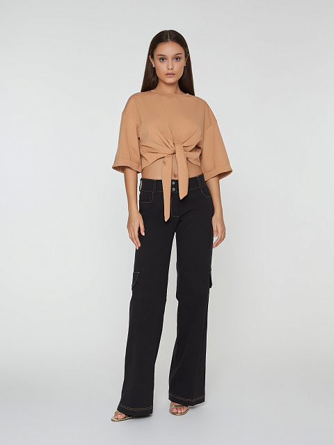 Beige Cotton Cropped Knot T-Shirt, 2