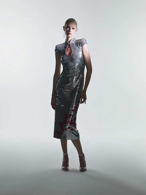 Silver Embroidered Sequin Midi Dress, 2 Silver Embroidered Sequin Midi Dress, 2