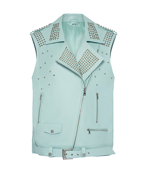 Light Blue Oversized Studded Leather Vest, 1