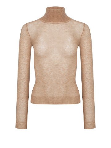 Beige Sheer Merino Wool Turtleneck, 1