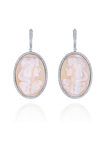 White Gold, Cameo & Round-cut Diamonds Earrings, 1