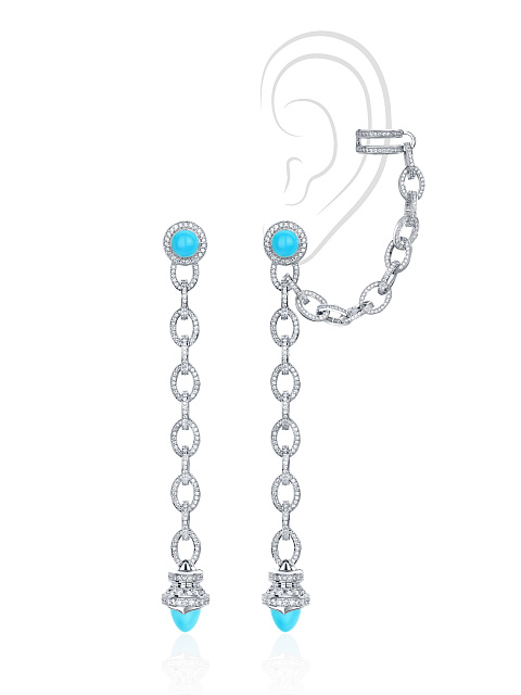 Cabochon Turquoise, Round Diamond & White Gold Earrings, 1