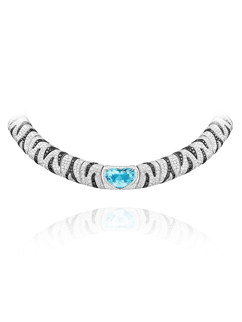 Tourmaline Paraiba & Round Diamond & White Gold Necklace, 1