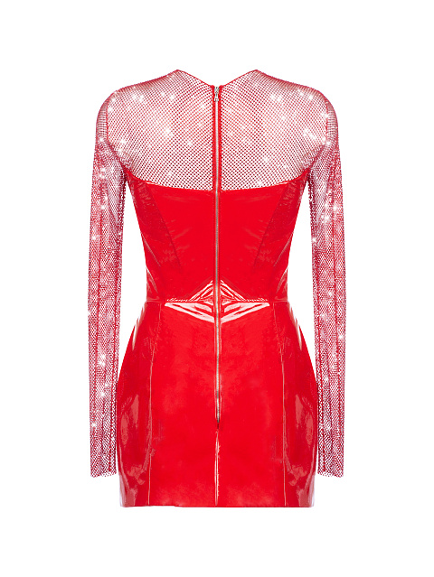 Red Leather & Rhinestones Mesh Mini Dress, 2