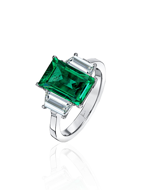 Emerald Baguette, Diamond Trapezoid & White Gold Ring, 1