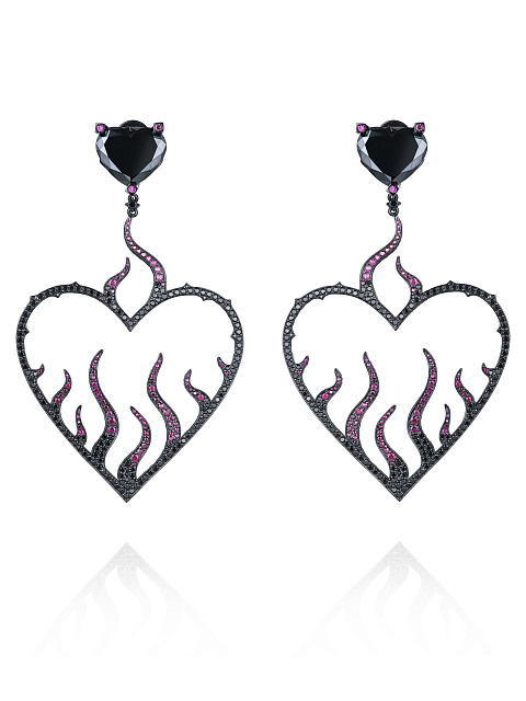 Black Gold Heart-Shaped Diamond & Ruby Earrings, 1
