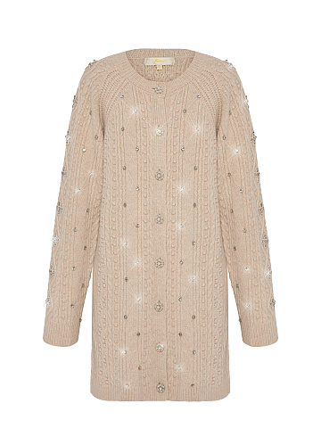 Biege Rhinestones Long Wool Cardigan, 1