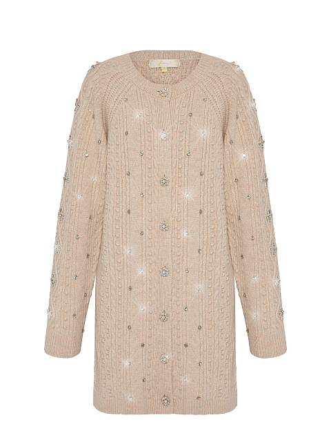 Biege Rhinestones Long Wool Cardigan, 1