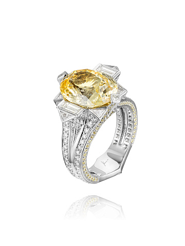 Yellow Sapphire, Baguette Diamond & White Gold Ring, 1