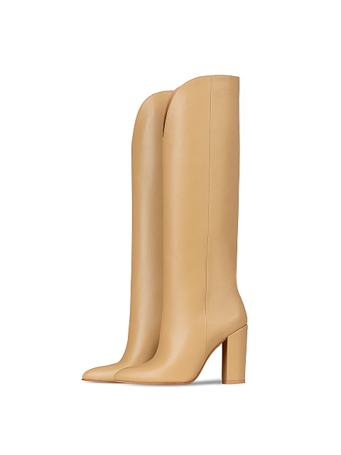 Beige Leather Heeled Tall Boots, 1