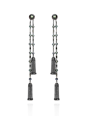 Black Diamond, Black Pearl & Black Gold Tassel Earrings, 1