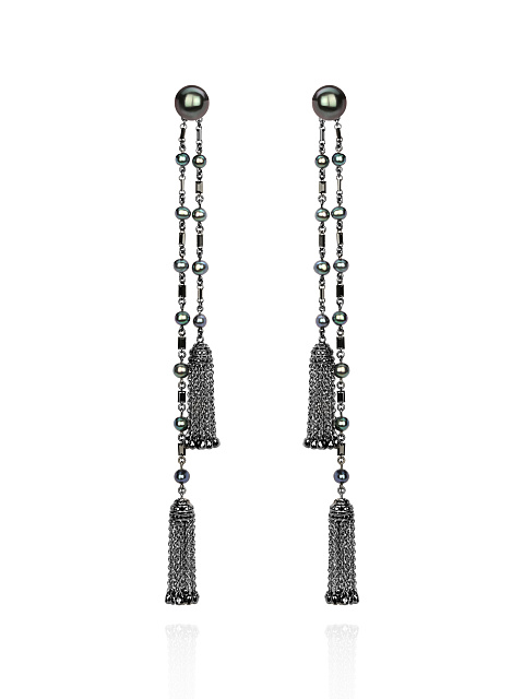 Black Diamond, Black Pearl & Black Gold Tassel Earrings, 1