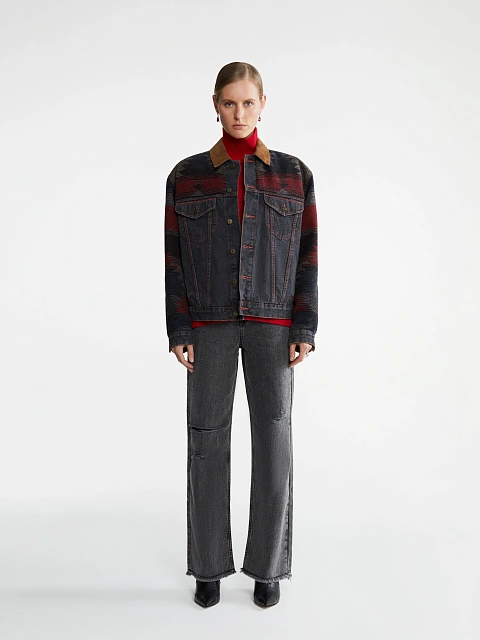 Grey Wool & Suede Trim Denim Jacket, 3