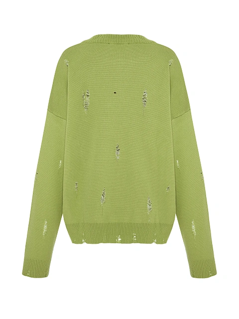 Neon Green Printed Distressed Cotton Sweater, 2