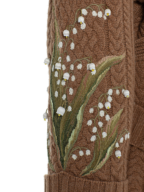 Brown Knitted Cashmere Coat With Lily Of The Valley Embroidery, 3