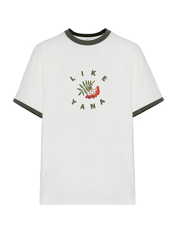 White Oversized T-shirt With Print And Green Piping, 1