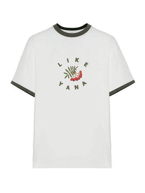 White Oversized T-shirt With Print And Green Piping, 1 White Oversized T-shirt With Print And Green Piping, 1