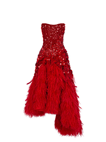 Red Feather-Trimmed & Sequined Midi Dress, 1