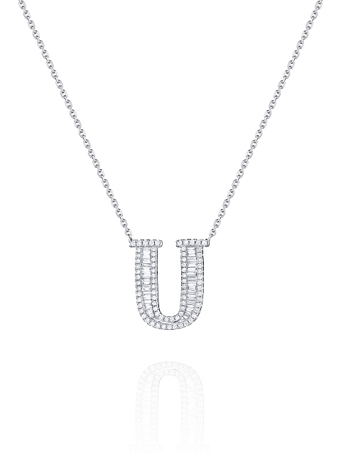 Necklace with a pendant in white gold and diamonds in the shape of the letter U, 1