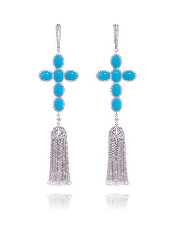 Cabochon Oval Turquoise & Round Diamond & White Gold Tassel Earrings , 1