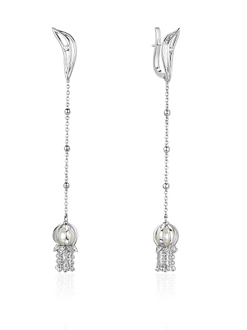 Long white gold earrings with pearls and diamonds, 1