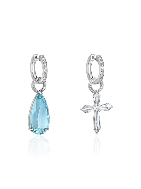 White gold hoops with pear-cut aquamarine and cross-shaped pendant, 4