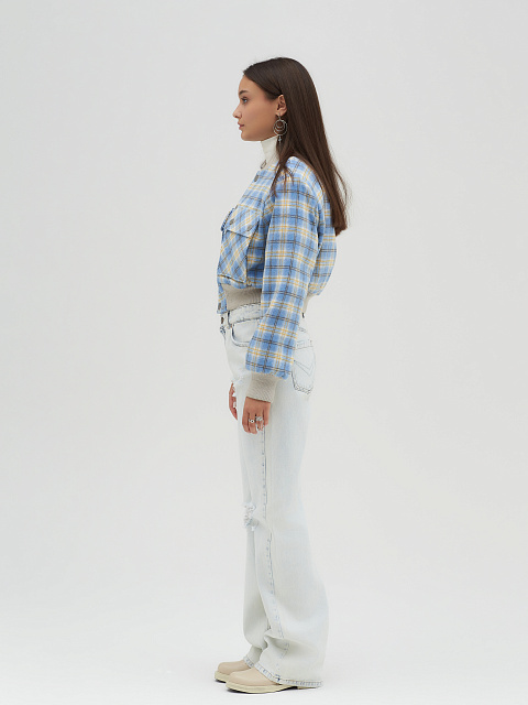 Light Blue Plaid Cropped Bomber Jacket, 6