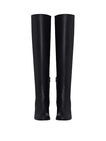 Black Leather Round Toe Long Boots, 2