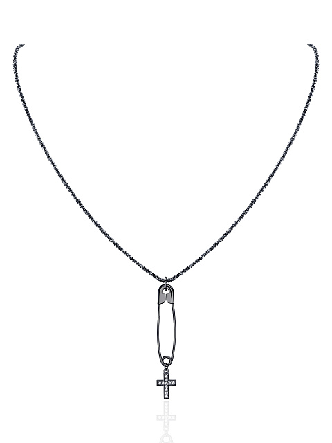 Black Silver & Cubic Zirkonia "Safety Pin" Necklace, 1 Black Silver & Cubic Zirkonia "Safety Pin" Necklace, 1