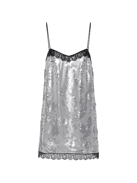 Silver Lace Trim Sequin Mini Dress, 1