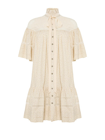 Milk-colored mini dress with floral print and lace, 1