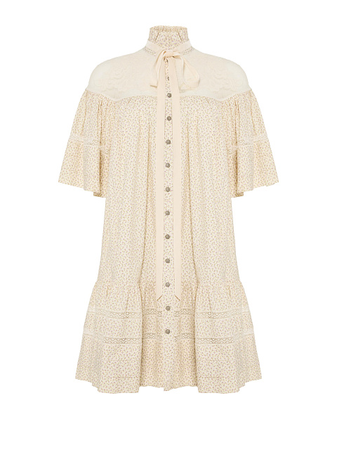 Milk-colored mini dress with floral print and lace, 1 Milk-colored mini dress with floral print and lace, 1