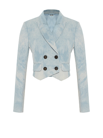 Light Blue Double-Breasted Cropped Denim Blazer, 1