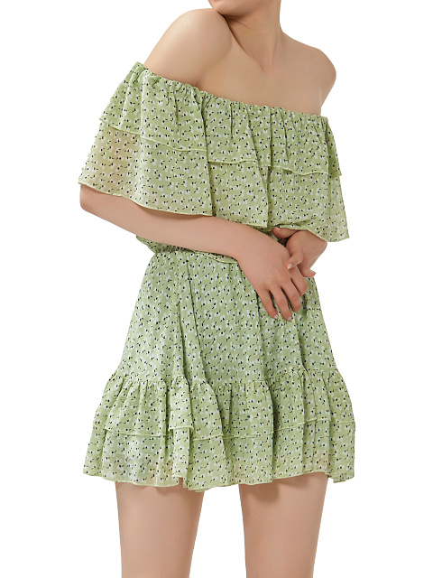 Light Green Flower Printed Off Shoulder Mini Dress, 4