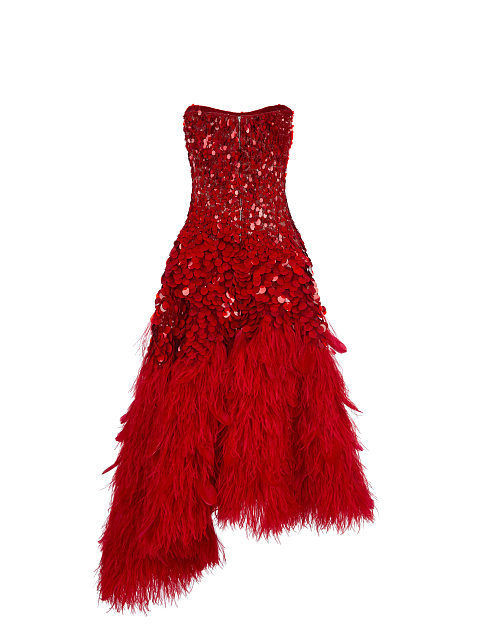 Red Feather-Trimmed & Sequined Midi Dress, 2 Red Feather-Trimmed & Sequined Midi Dress, 2