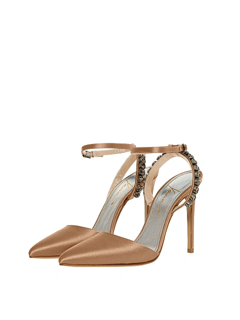 Beige satin pumps with pointed toe and rhinestones, 1
