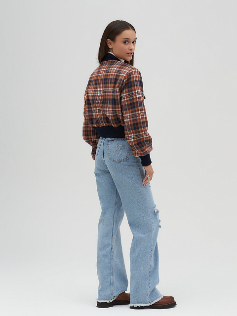 Rust Brown Plaid Cropped Bomber Jacket, 7