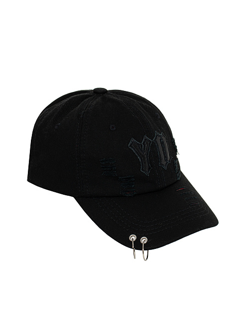 Black Distressed Denim Cap With Rings, 1
