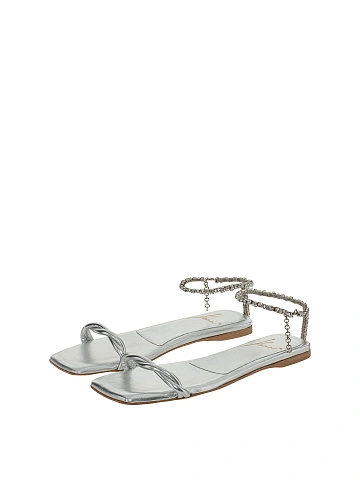 Silver Rhinestones Leather Sandals, 1