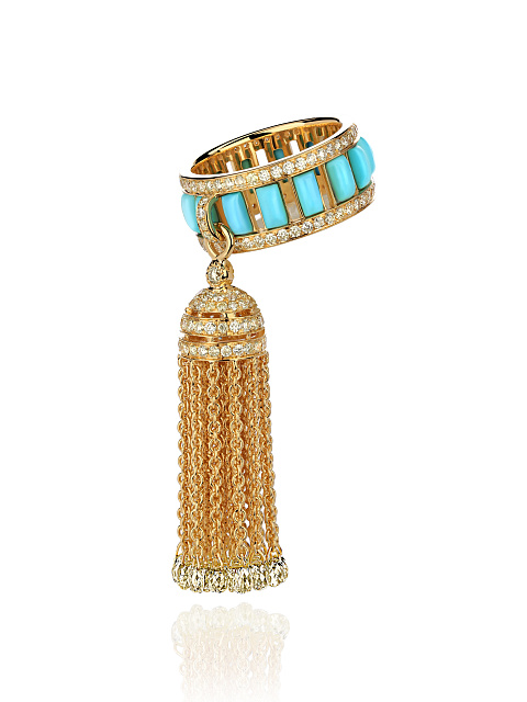 Hand ring in yellow gold with turquoise and diamonds, 1