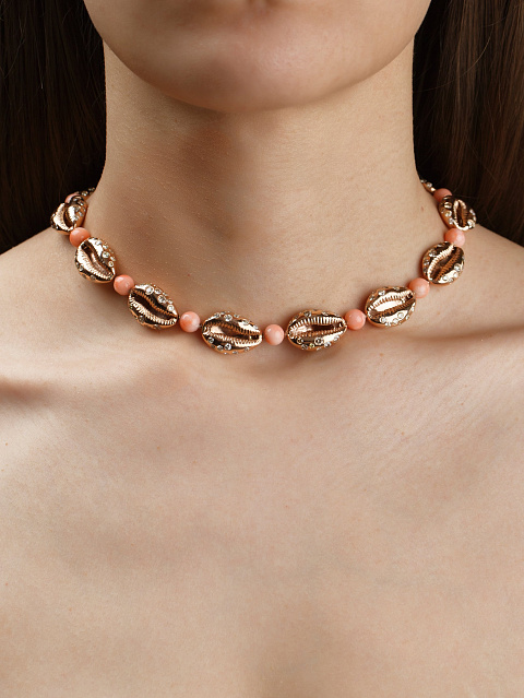 Brown Round Diamond, Bead Coral & Rose Gold Necklace, 2