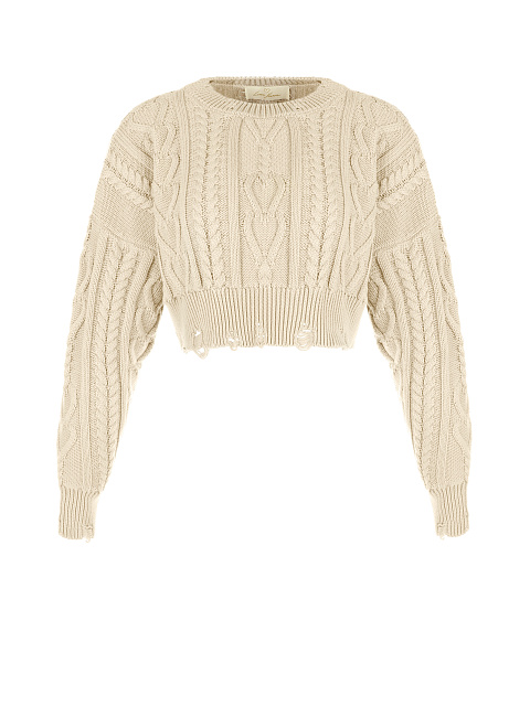 Light Beige Cotton Cropped Cable Knit Sweater, 1