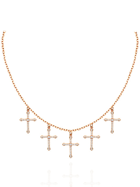 Rose Silver & Cubic Zirkonia 5 Crosses Necklace, 1