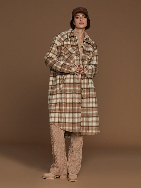 Light Brown Checked Wool Long Overshirt, 4