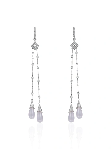 White Gold, Chalcedony & Diamonds Long Earrings, 1