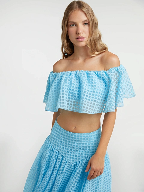 Blue Checked Chiffon Top & Midi Skirt, 7